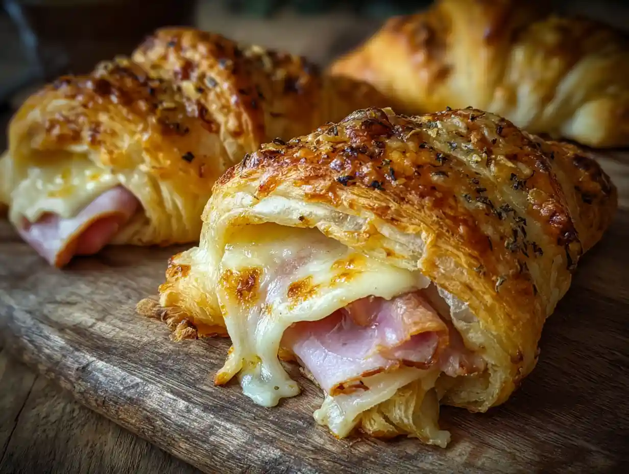 Baked croissant with cheese and turkey ham