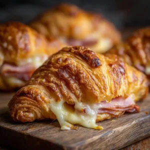 Cheesy, flaky baked croissants with turkey ham