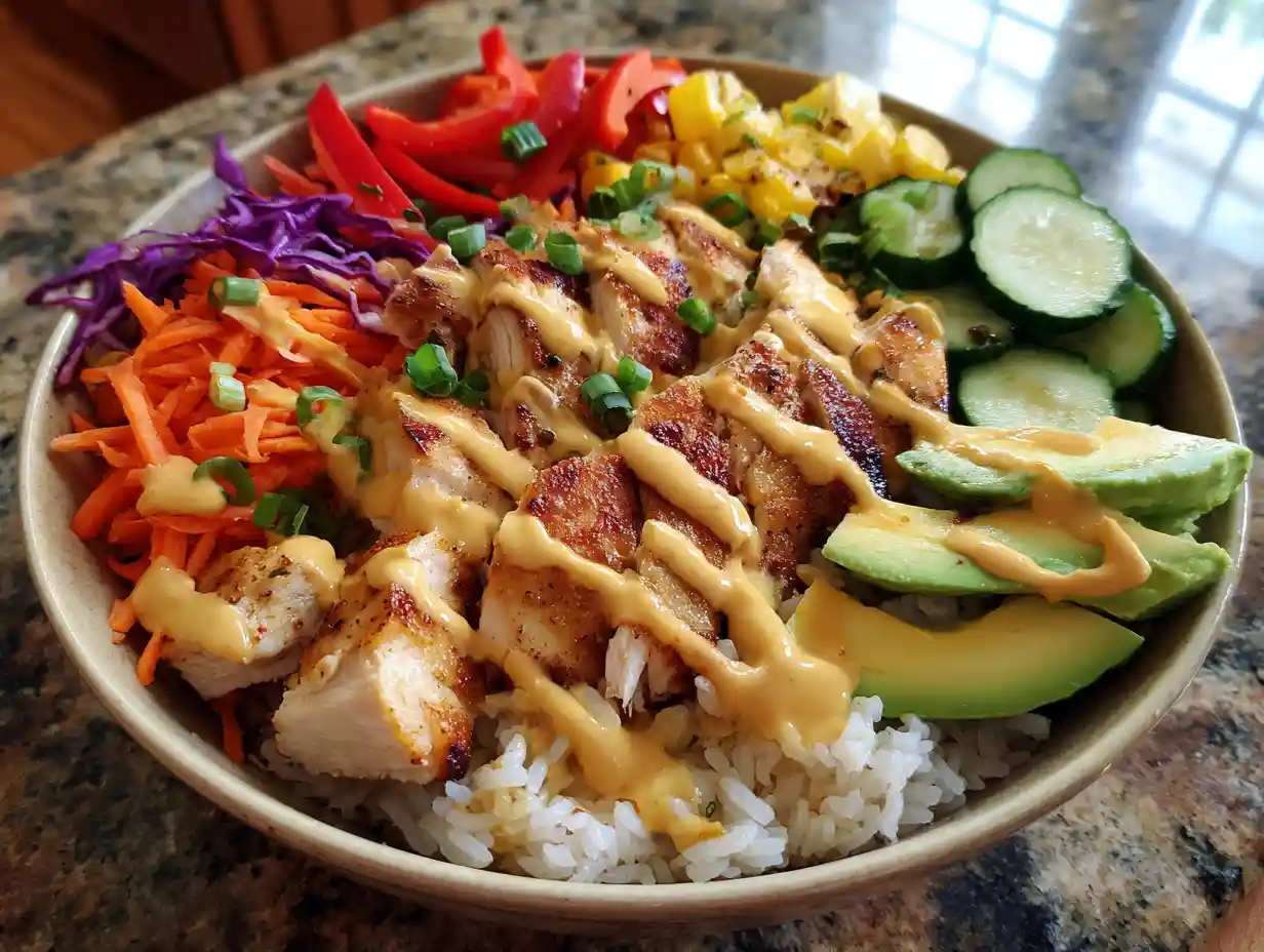 bang bang chicken bowl recipe with rice and vegetables
