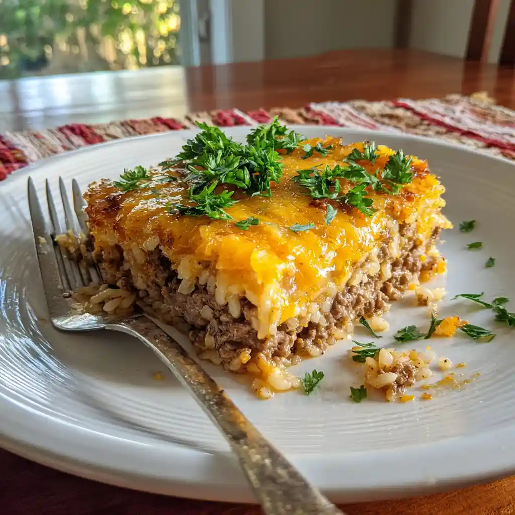 Cheesy Hamburger Rice Casserole – A Family-Favorite Comfort Food 1 serving of cheesy hamburger rice casserole on a plate