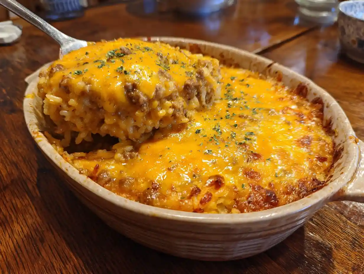 Cheesy Hamburger Rice Casserole – A Family-Favorite Comfort Food 3 cheesy hamburger rice casserole in baking dish