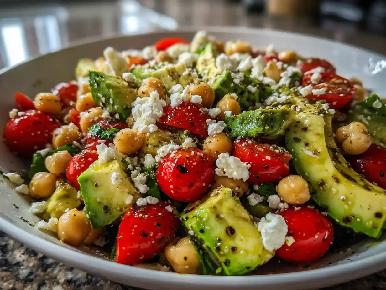 chickpea feta avocado salad in a white bowl