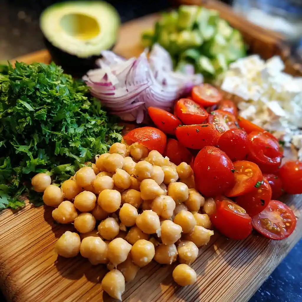 Chickpea Feta Avocado Salad – A Simple, Healthy, and Delicious Recipe 2 chickpea avocado salad ingredients on wooden board