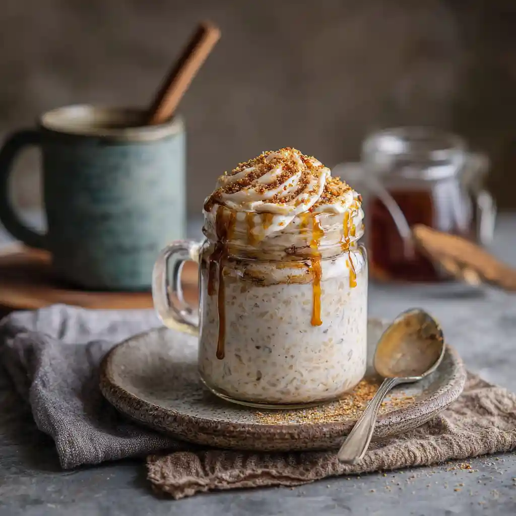 Cinnamon Roll Overnight Oats – Creamy, Cozy & Perfect for Breakfast On-the-Go 3 Cinnamon roll overnight oats with icing and cinnamon sugar
