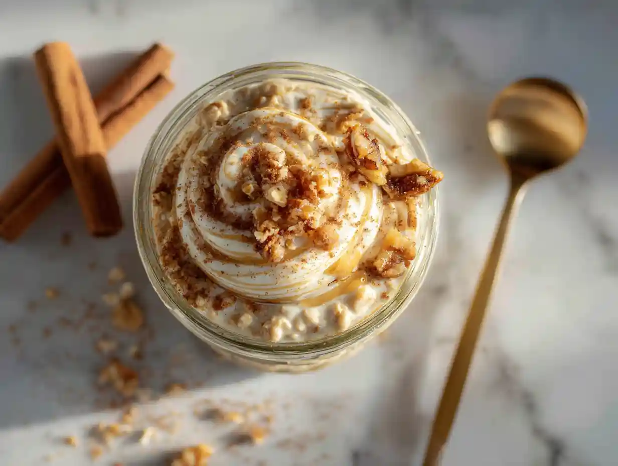 Cinnamon Roll Overnight Oats – Creamy, Cozy & Perfect for Breakfast On-the-Go 4 Creamy cinnamon roll overnight oats in a mason jar