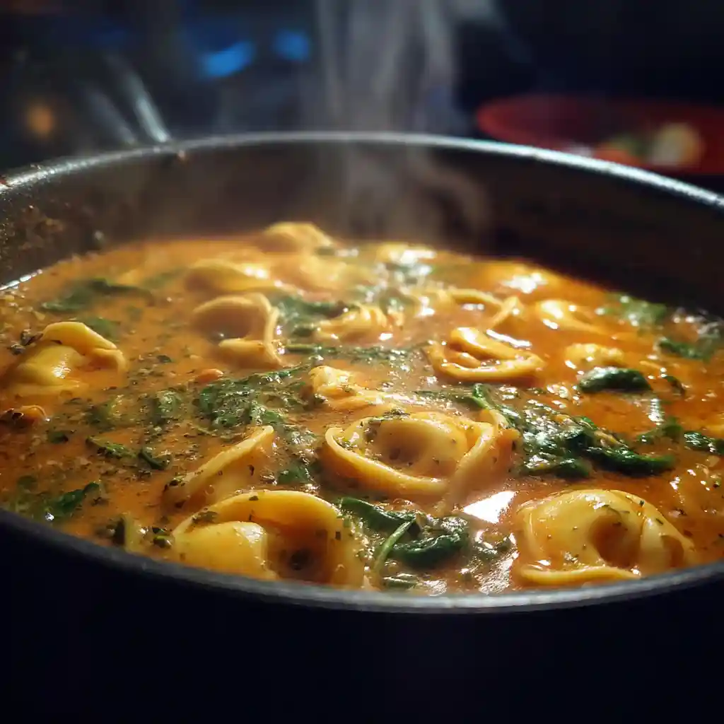 tortellini cooking in creamy tomato broth with spinach