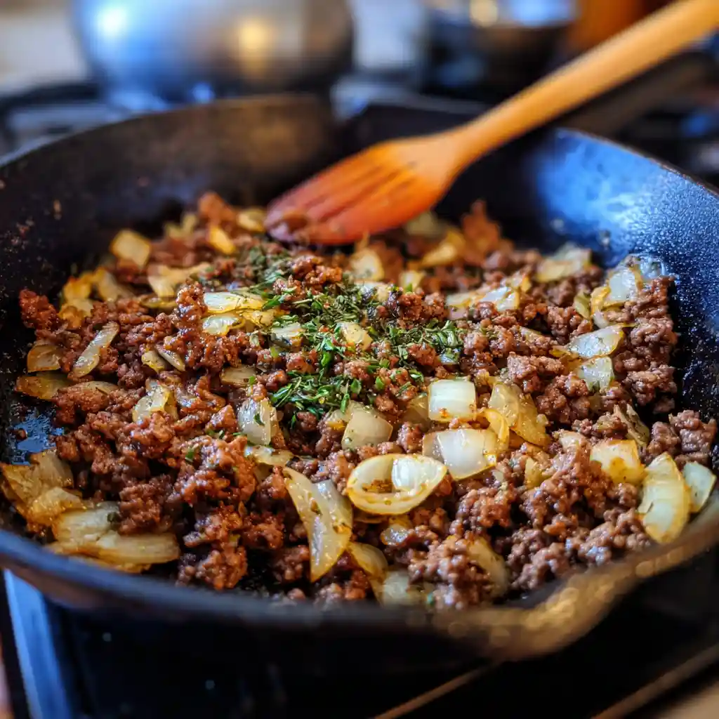 Cheesy Hamburger Rice Casserole – A Family-Favorite Comfort Food 2 ground beef cooking in skillet for casserole