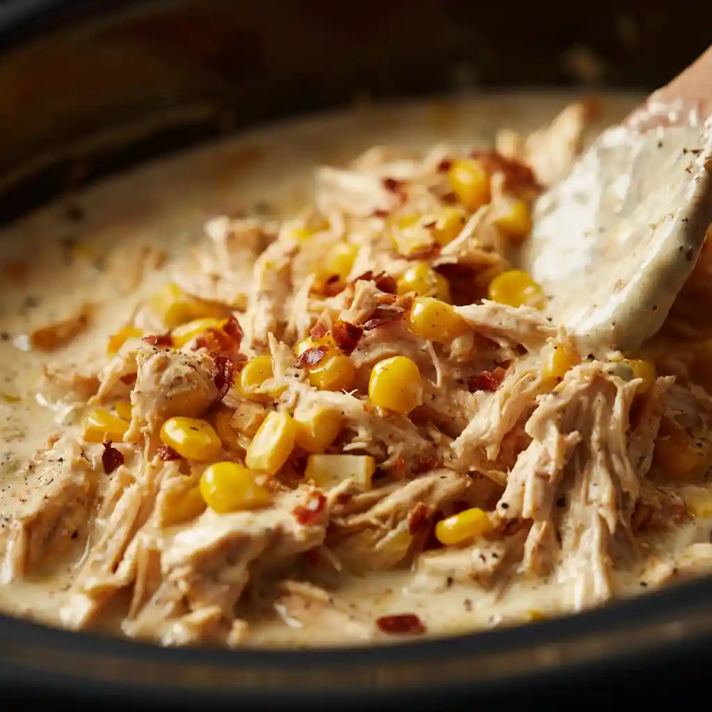 Slow Cooker Street Corn Chicken – Easy Flavor-Packed Dinner 2 shredded chicken cooking with corn in slow cooker