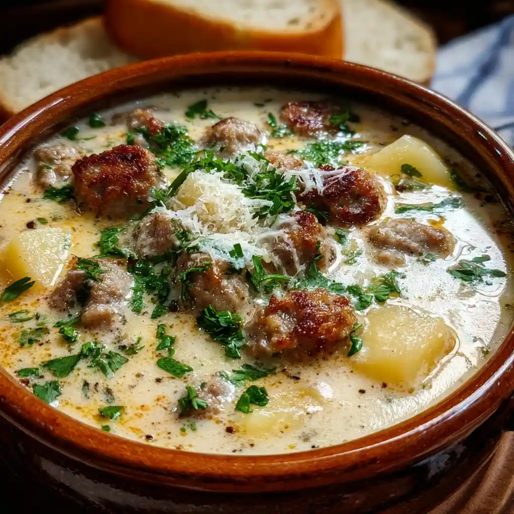 Italian sausage and potato soup in a rustic bowl