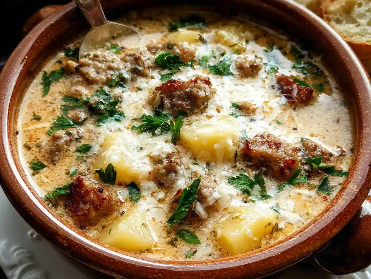 cozy Italian sausage and potato soup in a rustic bowl
