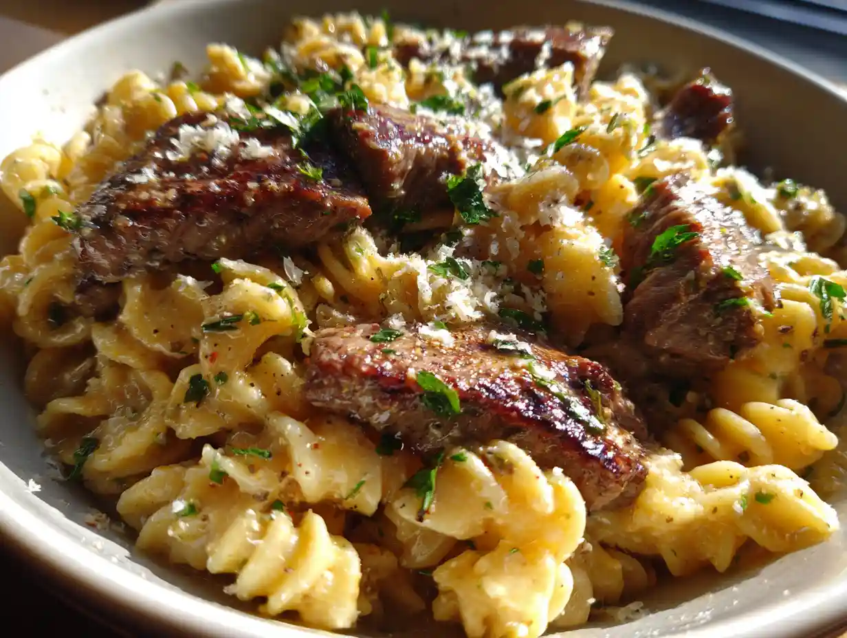 How to Make Creamy Garlic Butter Steak and Pasta Recipe 3 Creamy Garlic Butter Steak and Pasta served in a white bowl