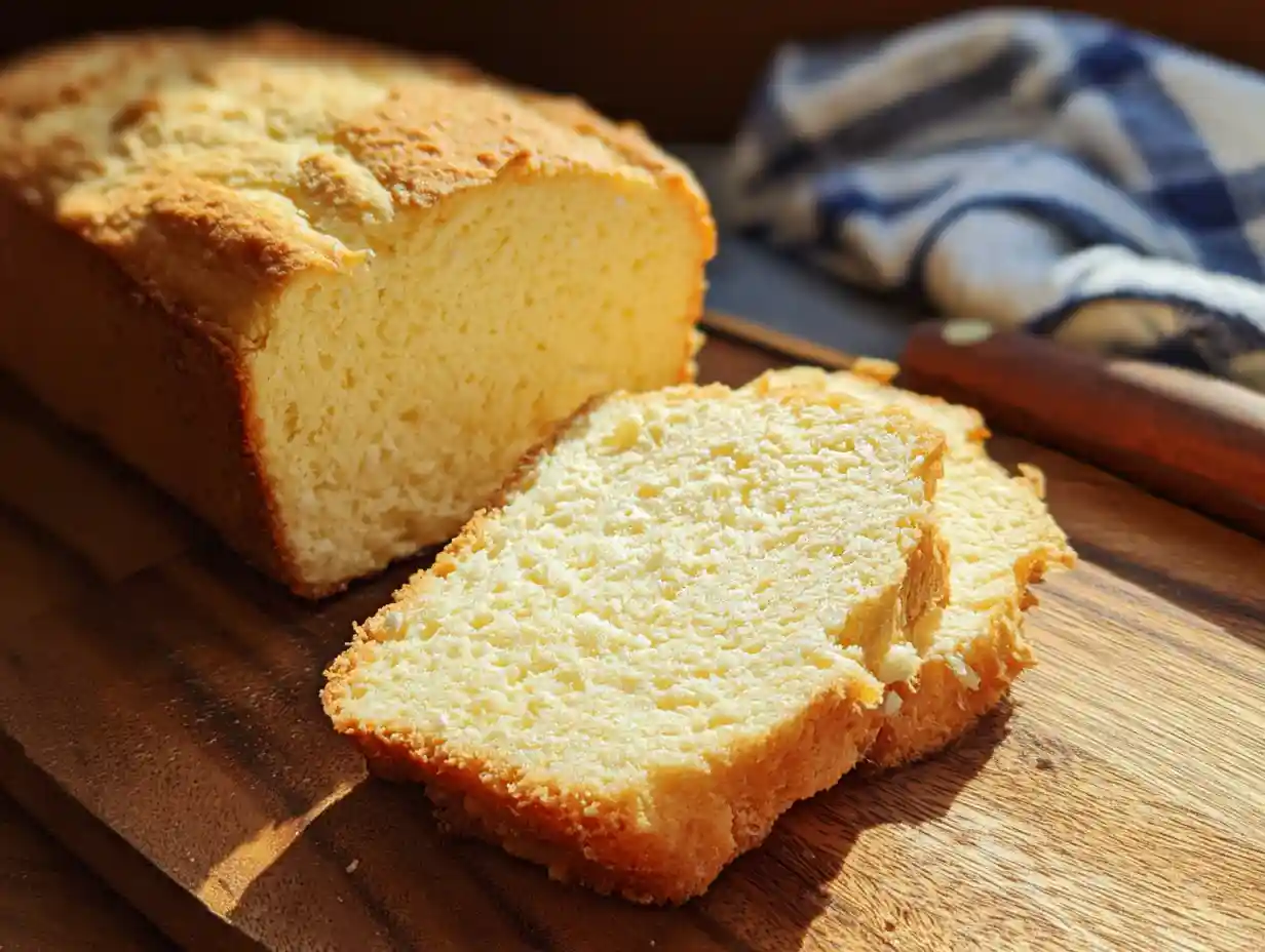 freshly baked ice cream bread recipe loaf sliced on a wooden board
