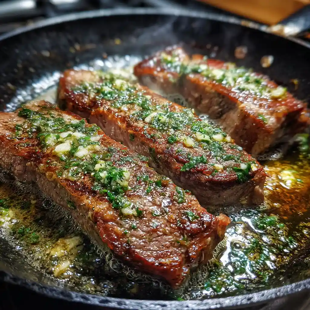 How to Make Creamy Garlic Butter Steak and Pasta Recipe 2 Garlic butter steak searing in pan