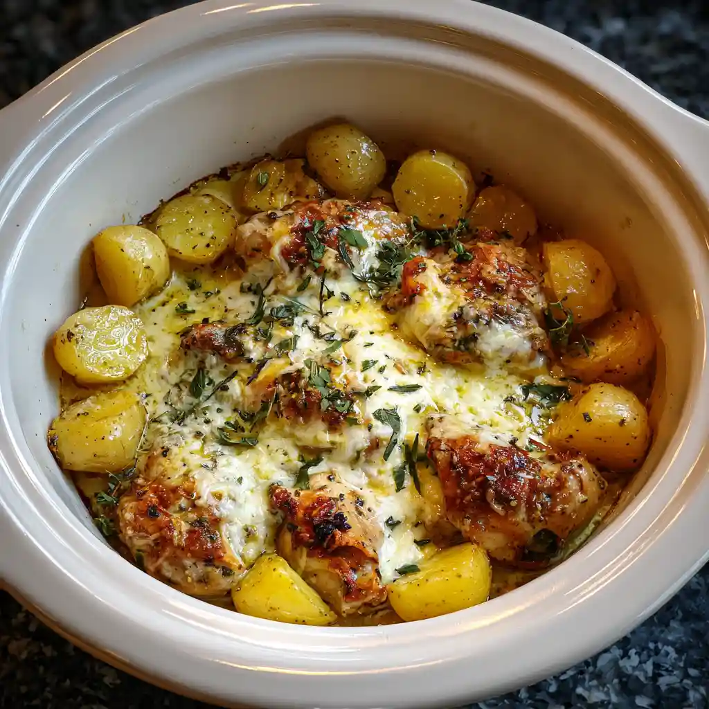 How To Make Garlic Parmesan Crockpot Chicken and Potatoes 1 Cheesy garlic parmesan chicken and potatoes slow-cooked to perfection
