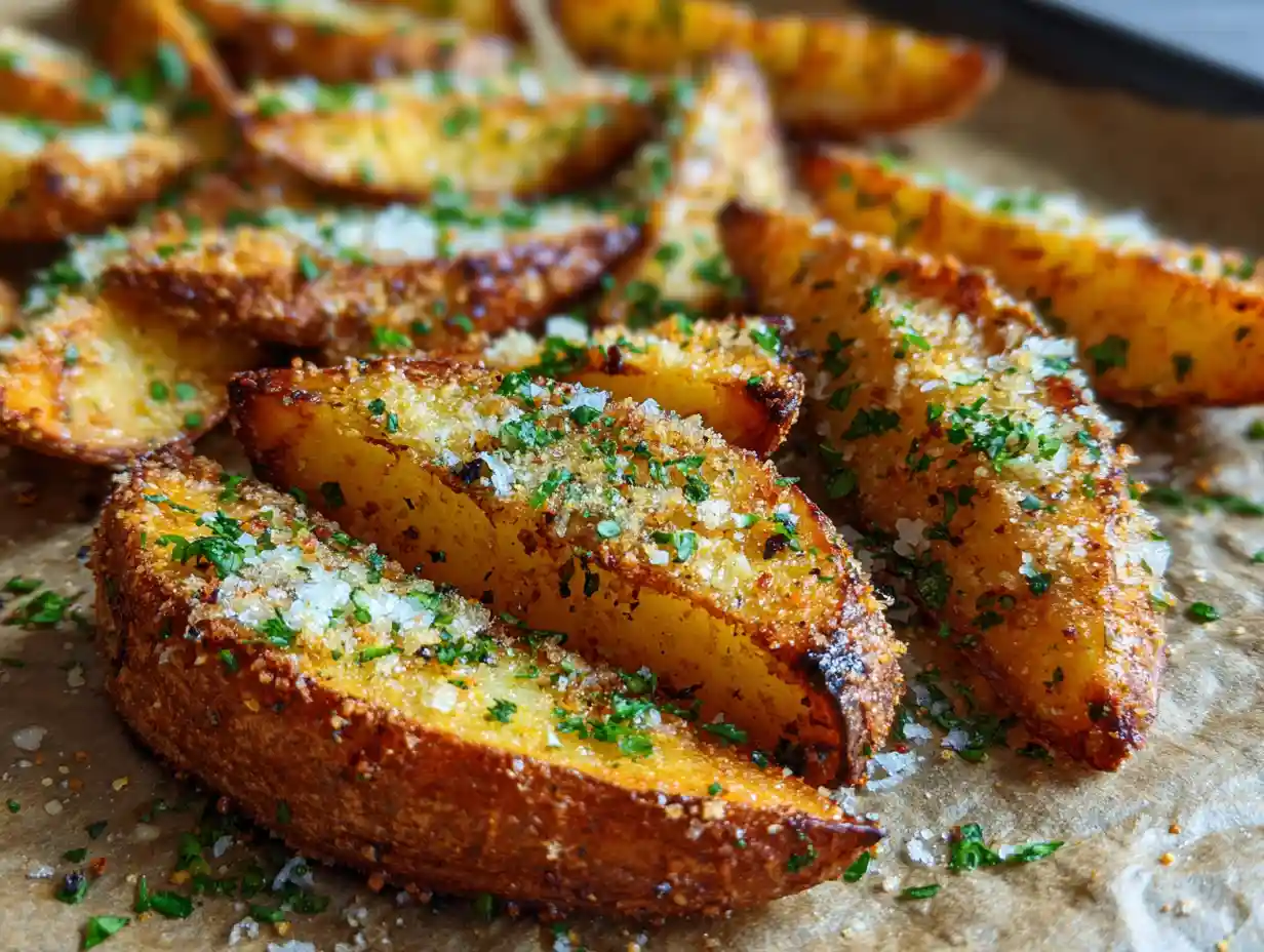 Garlic Parmesan Sweet Potato Wedges on a baking tray
