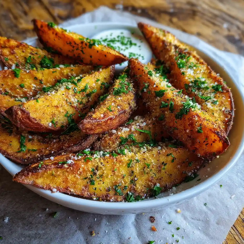 Garlic Parmesan Sweet Potato Wedges: The Crispiest, Cheesiest Side Ever 1 Served garlic Parmesan sweet potato wedges with dip