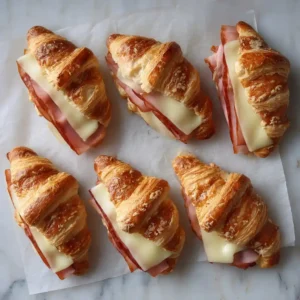 Preparing croissants with turkey ham and cheese