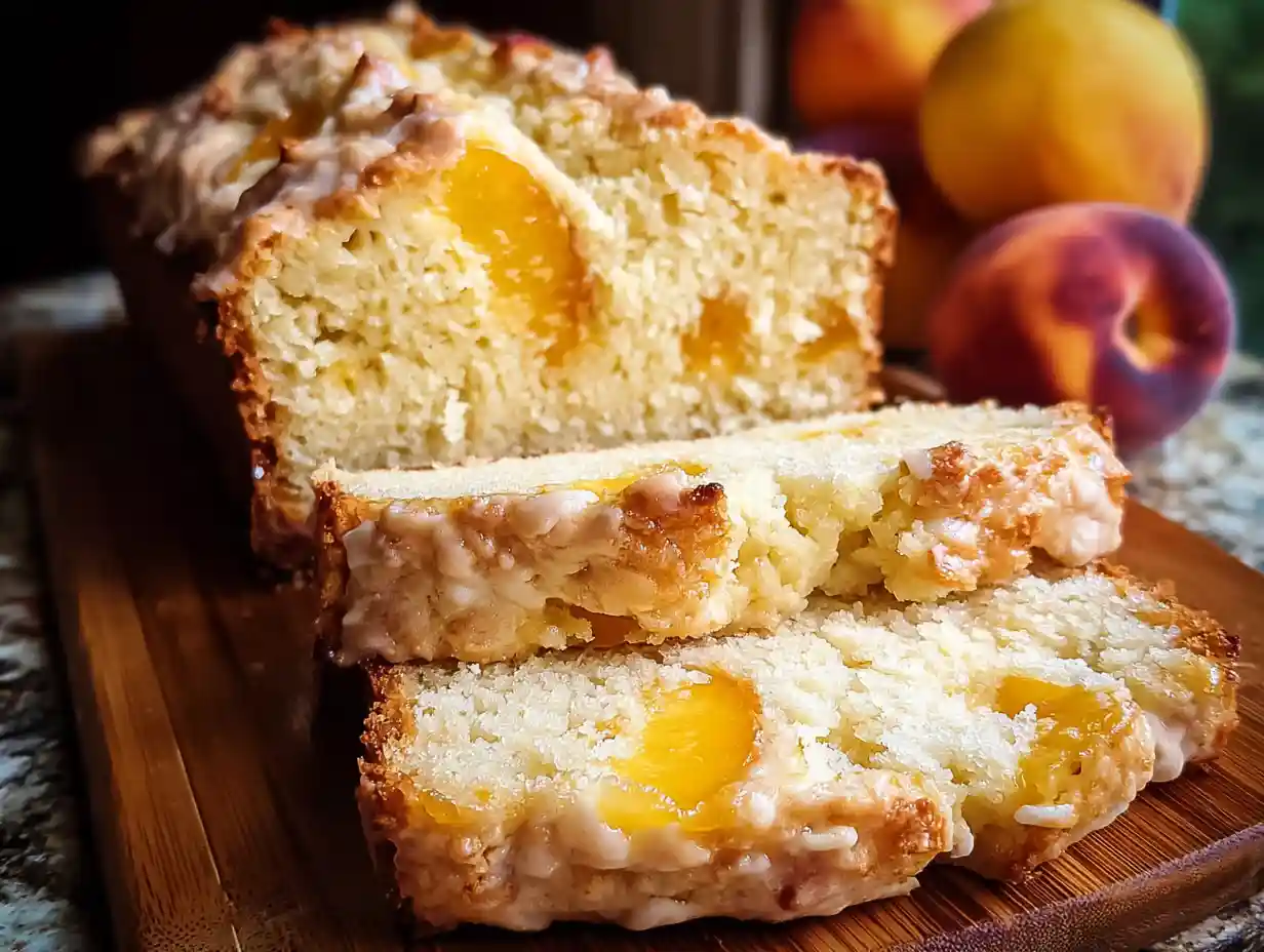 Heavenly Peach Bread Recipe: Moist, Fruity & Made From Scratch 3 eavenly peach bread recipe freshly sliced with golden crust
