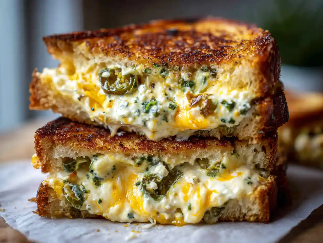 Jalapeño Popper Grilled Cheese Recipe – Spicy, Cheesy Comfort Food 3 jalapeño popper grilled cheese sandwich with melted cheese