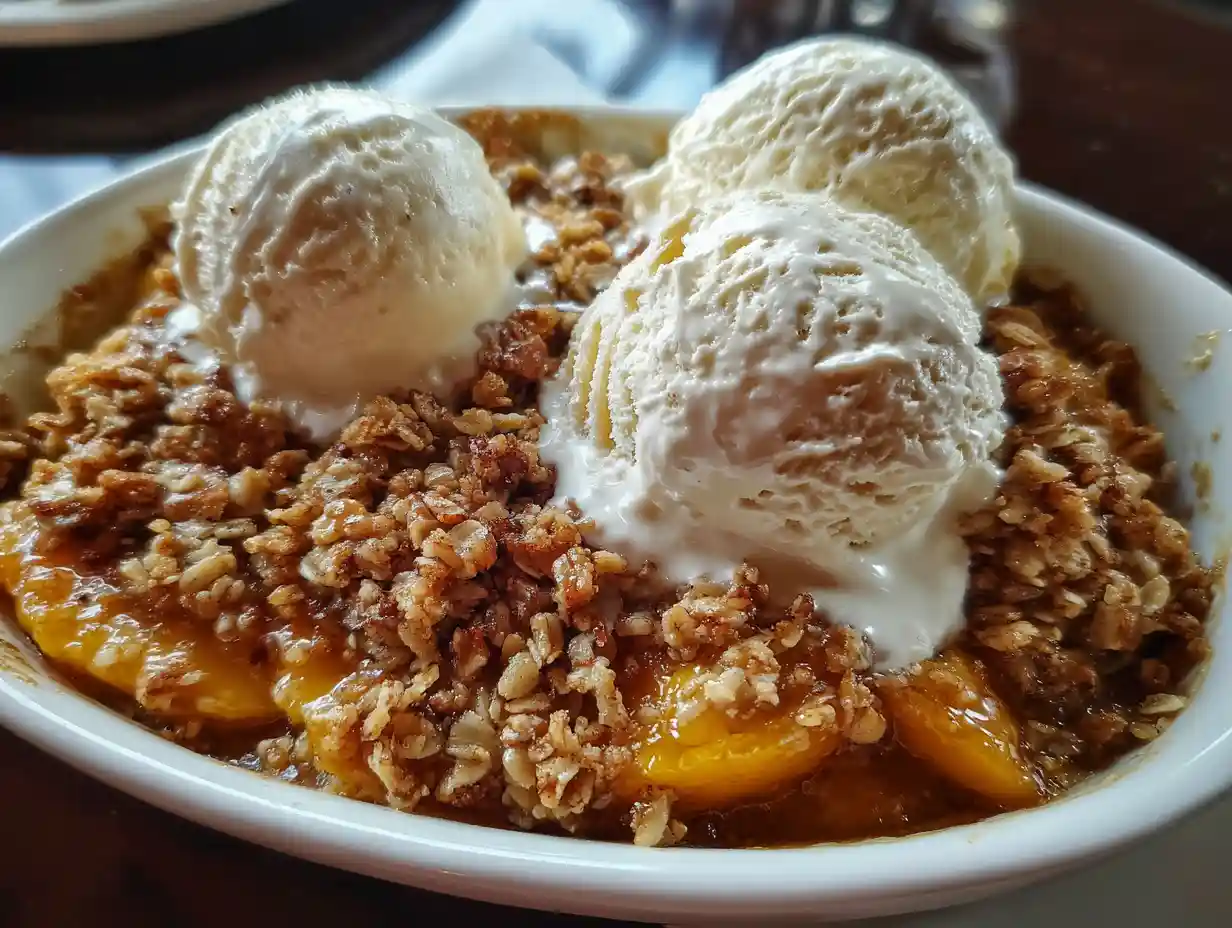 How to Make Peach Crisp with Fresh Peaches - Easier Than Pie 4 peach crisp with fresh peaches topped with vanilla ice cream