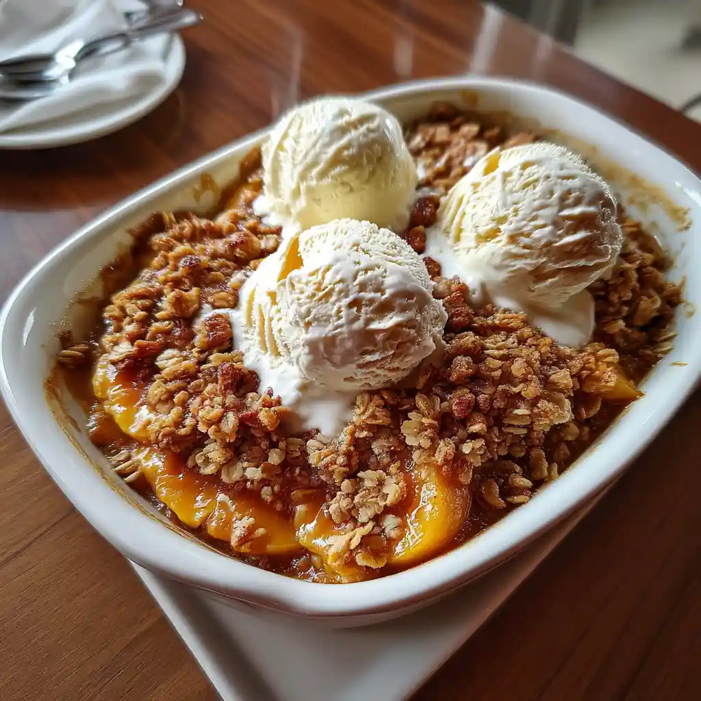 How to Make Peach Crisp with Fresh Peaches - Easier Than Pie 1 homemade peach crisp with oat pecan topping and ice cream