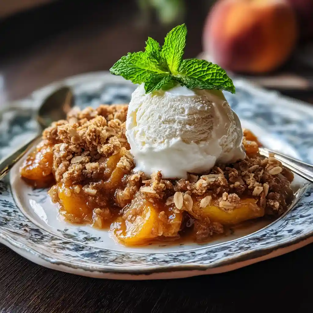 How to Make Peach Crisp with Fresh Peaches - Easier Than Pie 3 peach crisp dessert with vanilla ice cream