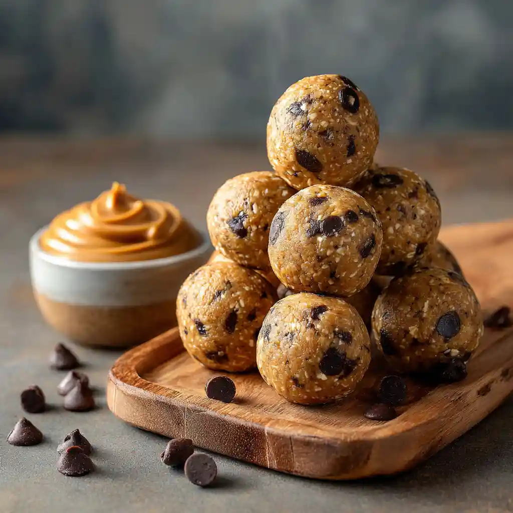 6 Healthy Energy Balls Recipes – Easy No-Bake Snacks 3 peanut butter chocolate chip energy balls on wooden board
