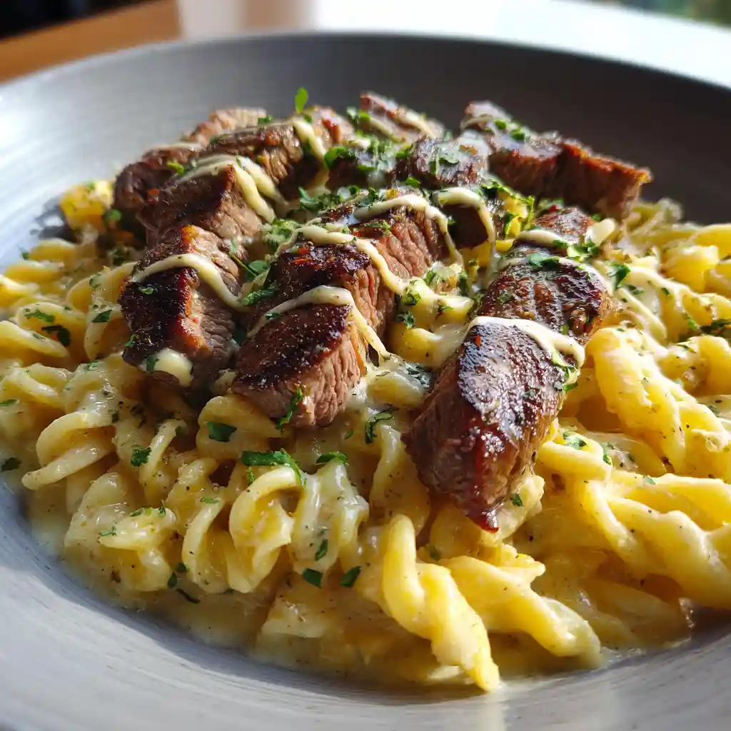How to Make Creamy Garlic Butter Steak and Pasta Recipe 1 Creamy Garlic Butter Steak and Pasta recipe on a plate