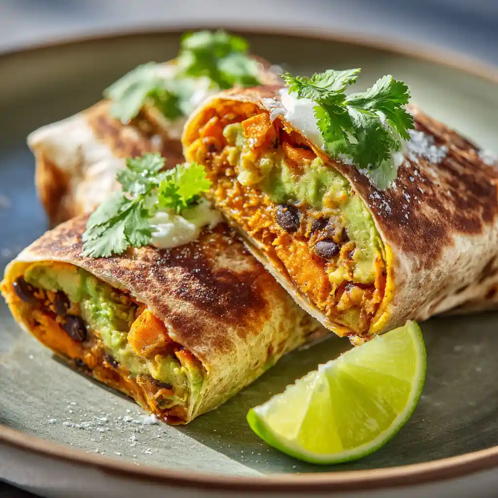 Sweet Potato Black Bean Avocado Breakfast Burritos – The Ultimate Morning Boost 1 plated sweet potato black bean avocado breakfast burritos with garnish