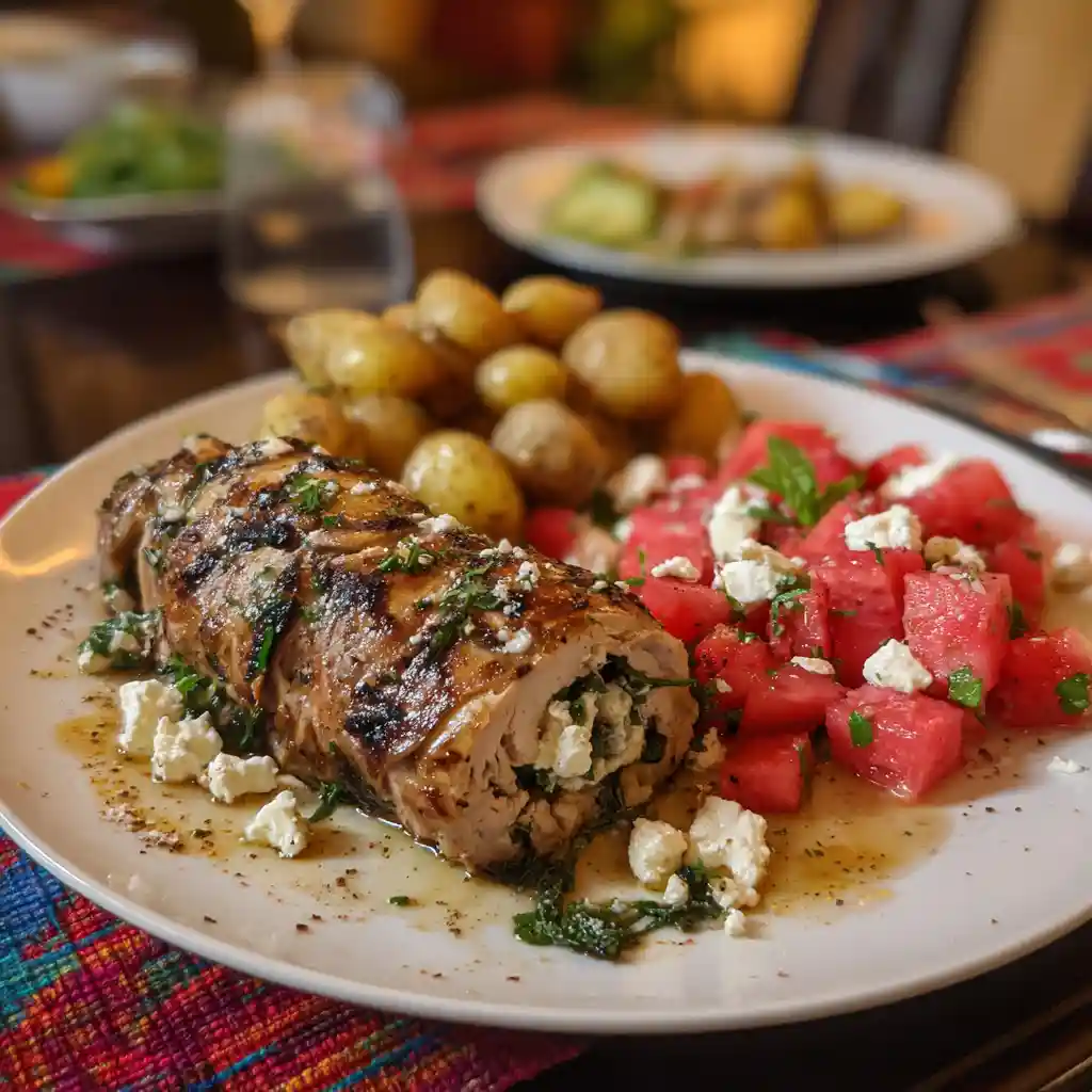 How to Make Rolled Chicken With Feta and Spinach 3 rolled chicken with feta and spinach served with salad and potatoes