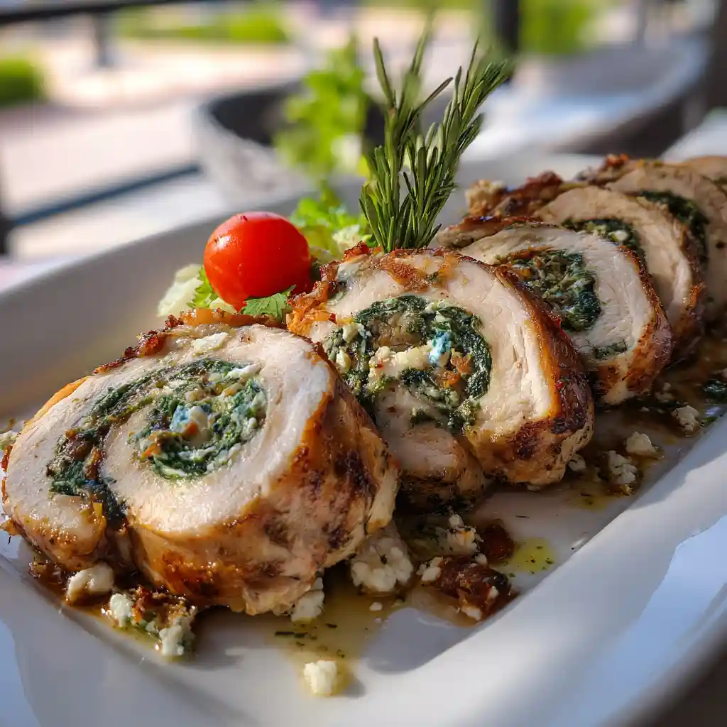 A plate of rolled chicken stuffed with feta and spinach