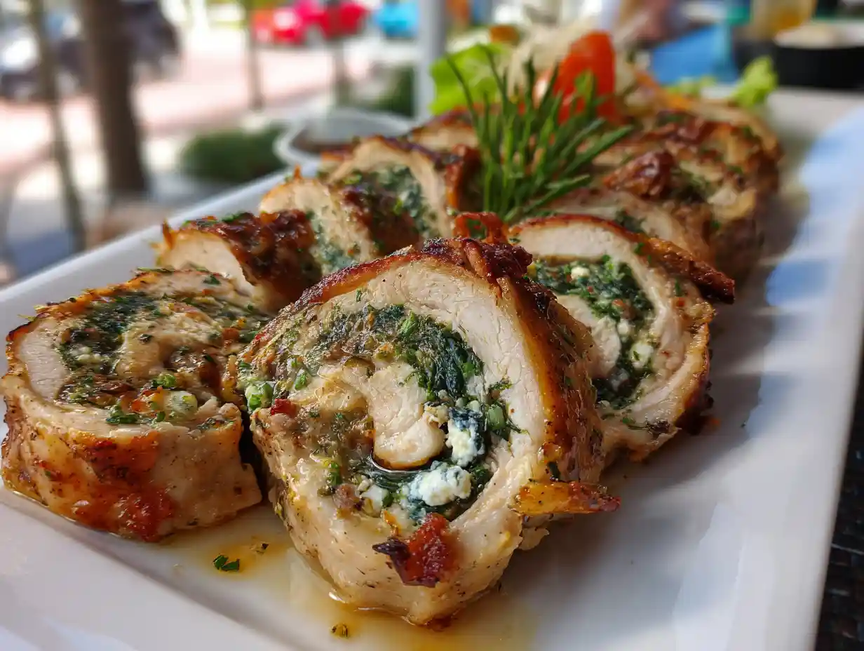 rolled chicken with feta and spinach sliced and served
