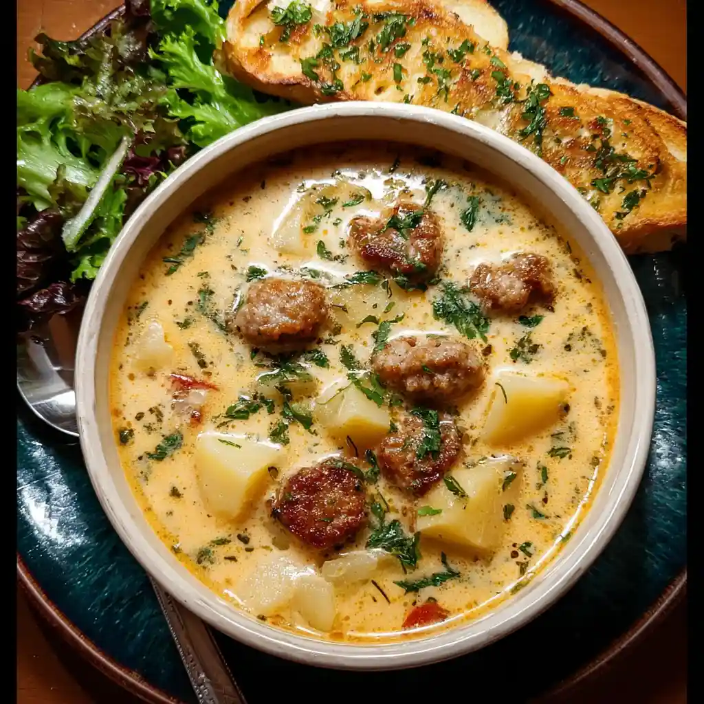 Cozy Italian Sausage and Potato Soup – A Hearty Comfort Food Classic 3 serving sausage and potato soup with garlic bread and salad