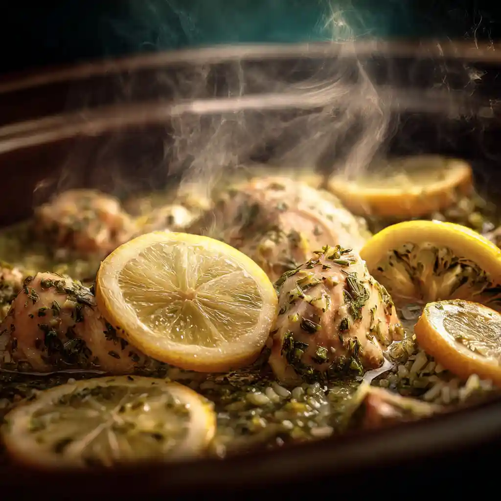 Slow Cooker Lemon Herb Chicken and Rice – Easy Comfort Food Recipe 2 chicken and rice cooking in a slow cooker