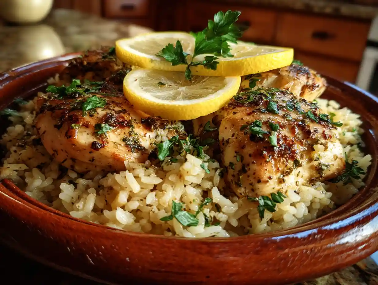 slow cooker lemon herb chicken and rice in a bowl