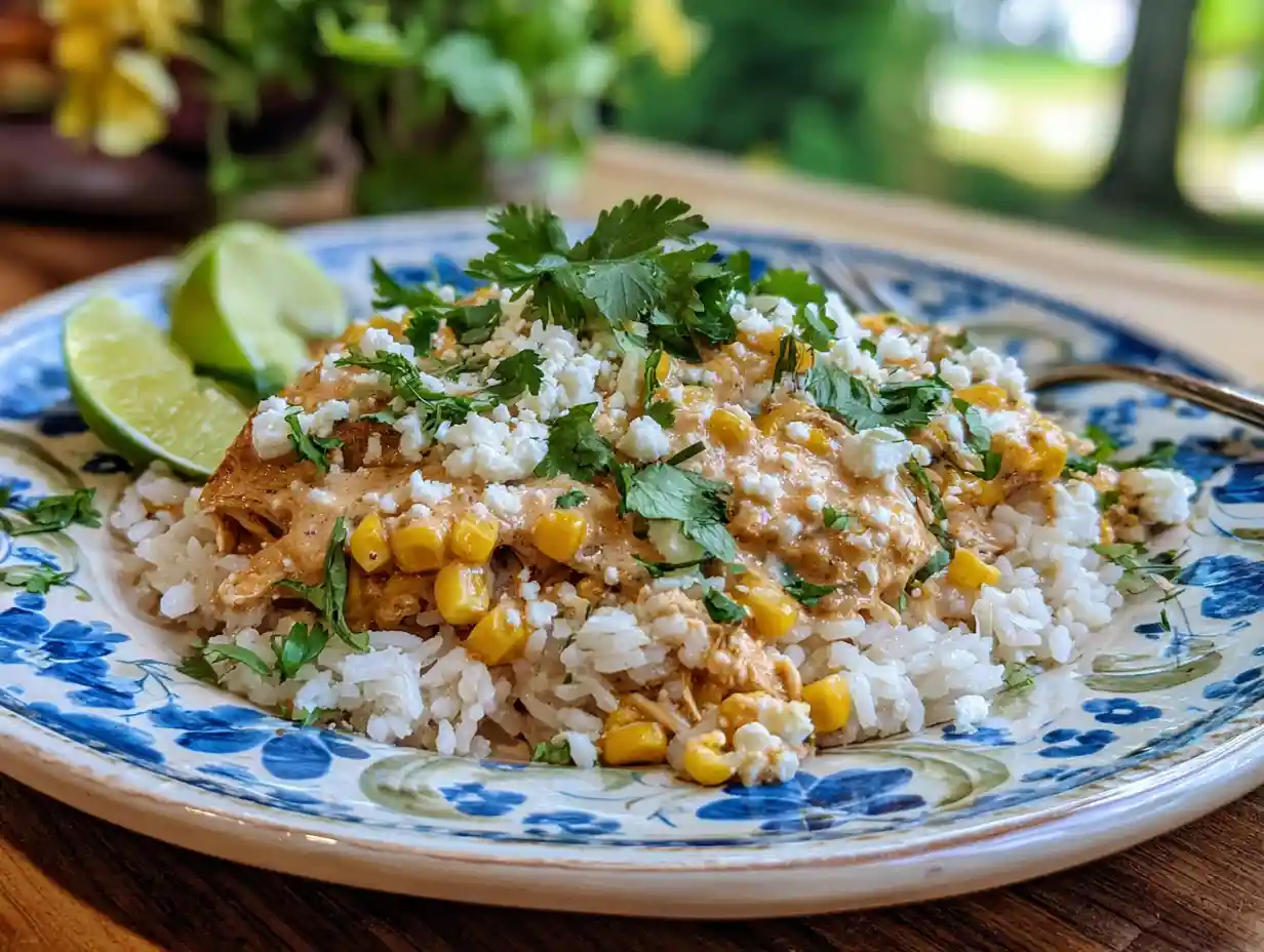 slow cooker street corn chicken served with rice and lime