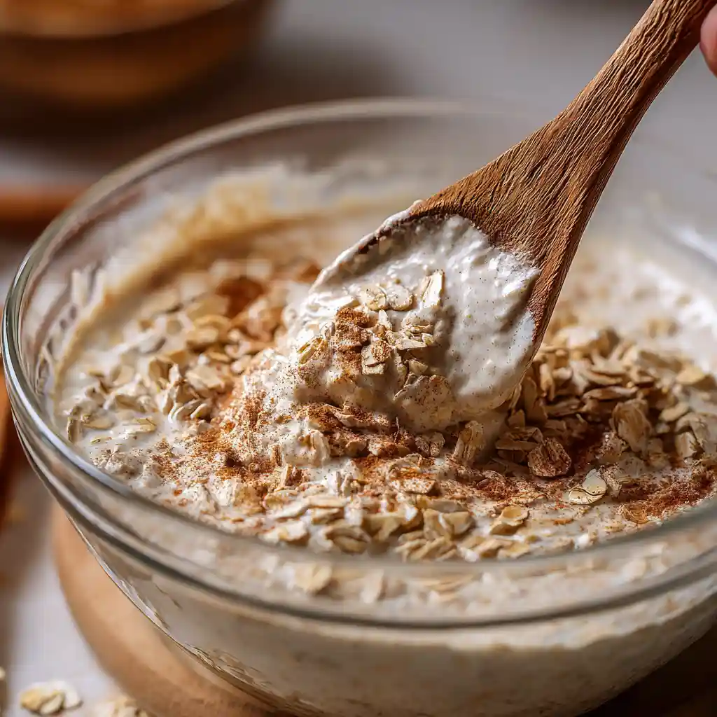 Cinnamon Roll Overnight Oats – Creamy, Cozy & Perfect for Breakfast On-the-Go 2 Stirring overnight oats with cinnamon and yogurt