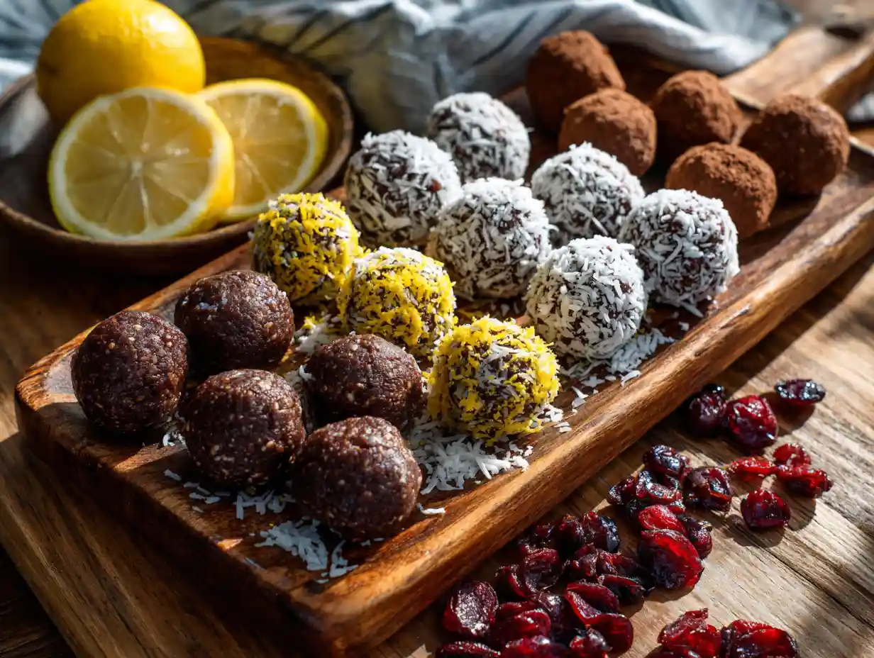 three types of healthy energy balls on a wooden board