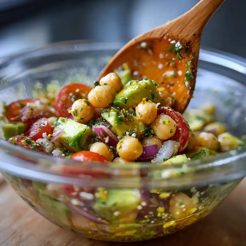 Chickpea Feta Avocado Salad – A Simple, Healthy, and Delicious Recipe 3 chickpea avocado salad tossed in a glass bowl