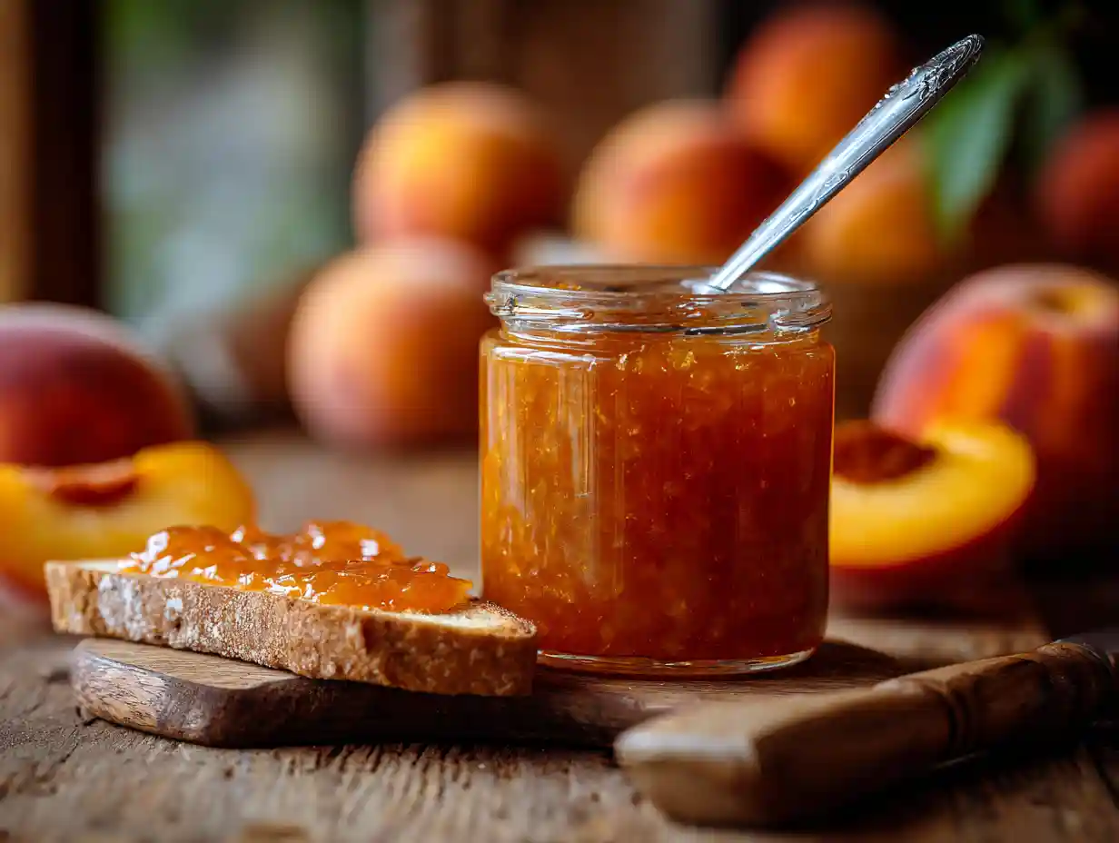 homemade peach butter in a jar with fresh peaches