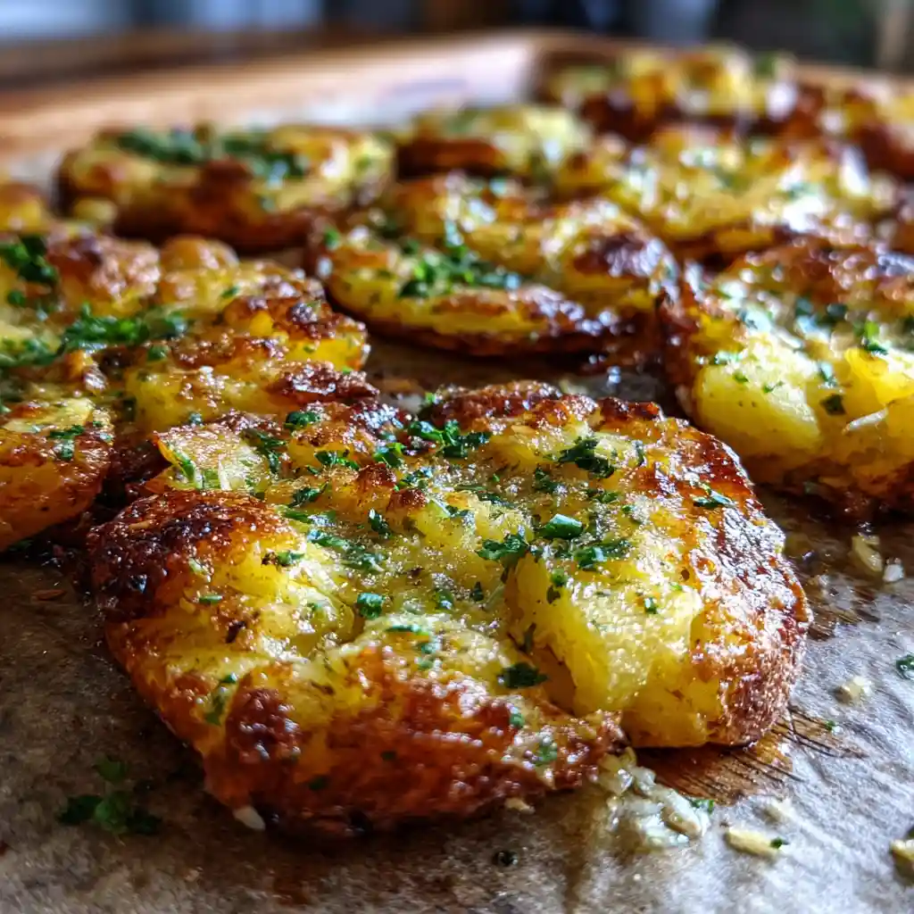 Crispy Parmesan Smashed Potatoes – The Only Recipe You’ll Ever Need 2 Crispy parmesan smashed potatoes on a rustic tray