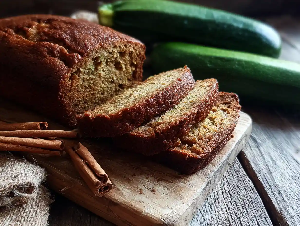 Zucchini Bread – Moist, Flavorful, and Easy to Make 3 zucchini bread loaf with slices on a wooden board