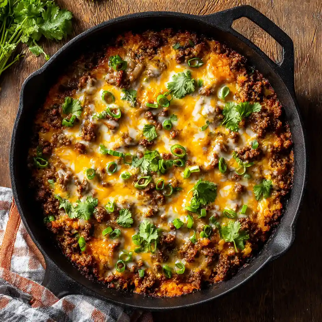 30-Minute Ultimate Southwest Ground Beef and Sweet Potato Skillet 1 Southwest ground beef and sweet potato skillet topped with melted cheese and fresh cilantro