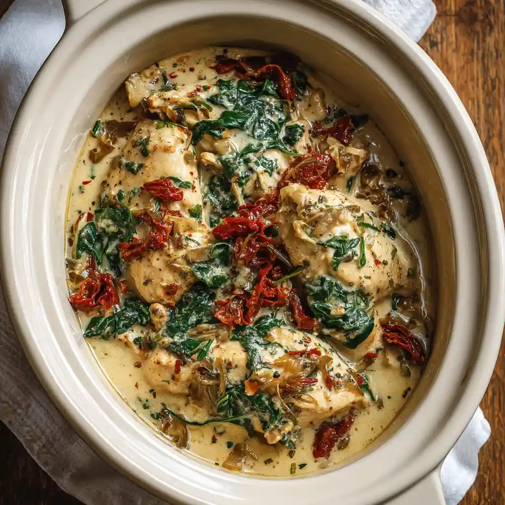 Crockpot Tuscan Garlic Chicken: Creamy, Healthy & Easy with Spinach & Sun-Dried Tomatoes 2 Crockpot Tuscan Garlic Chicken