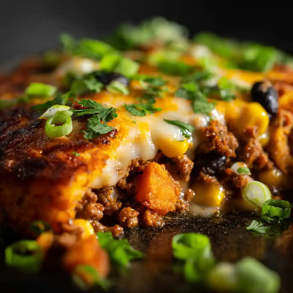 30-Minute Ultimate Southwest Ground Beef and Sweet Potato Skillet 2 Close-up of bubbling melted cheese on top of a Southwest skillet meal.