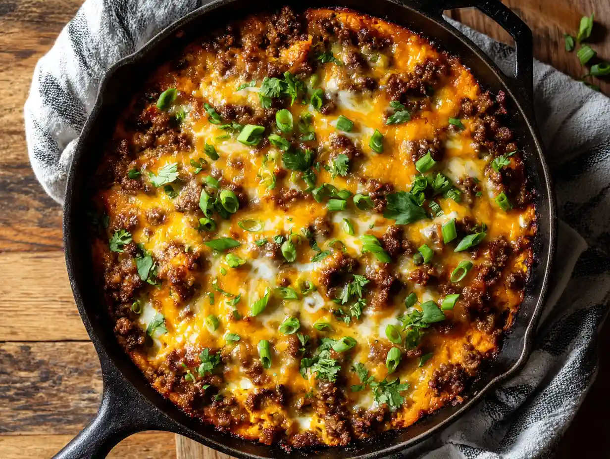 30-Minute Ultimate Southwest Ground Beef and Sweet Potato Skillet 3 Cheesy Southwest ground beef and sweet potato skillet topped with melted cheese and fresh cilantro in a cast iron pan.
