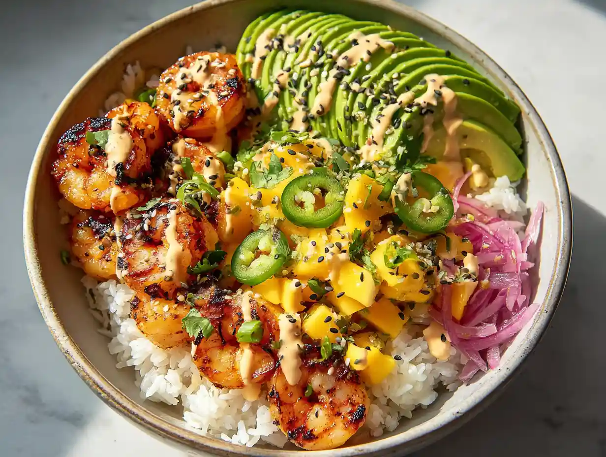 Amazing Grilled Shrimp & Avocado Bowls with Mango Salsa