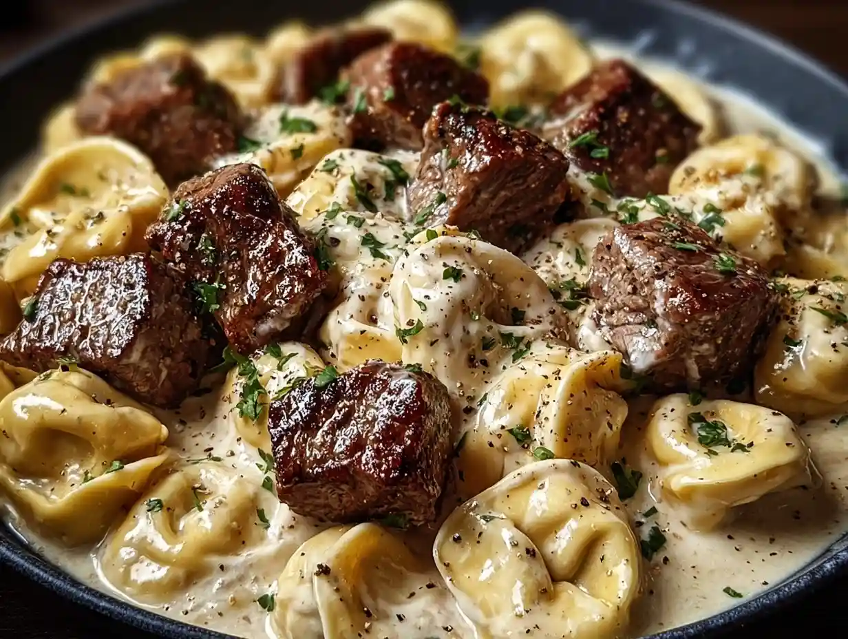 Quick Garlic Butter Steak Bites & Creamy Alfredo Tortellini