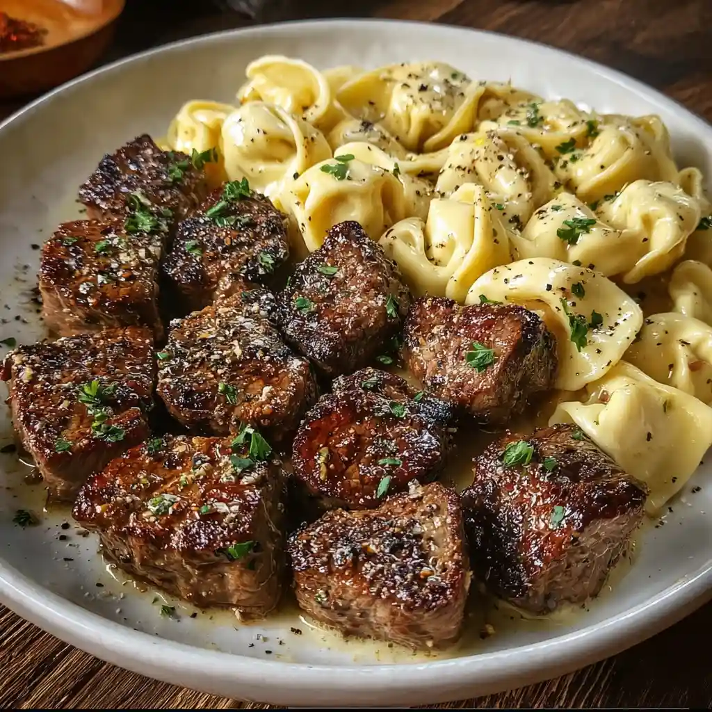 Garlic Butter Steak Bites and Creamy Alfredo Tortellini